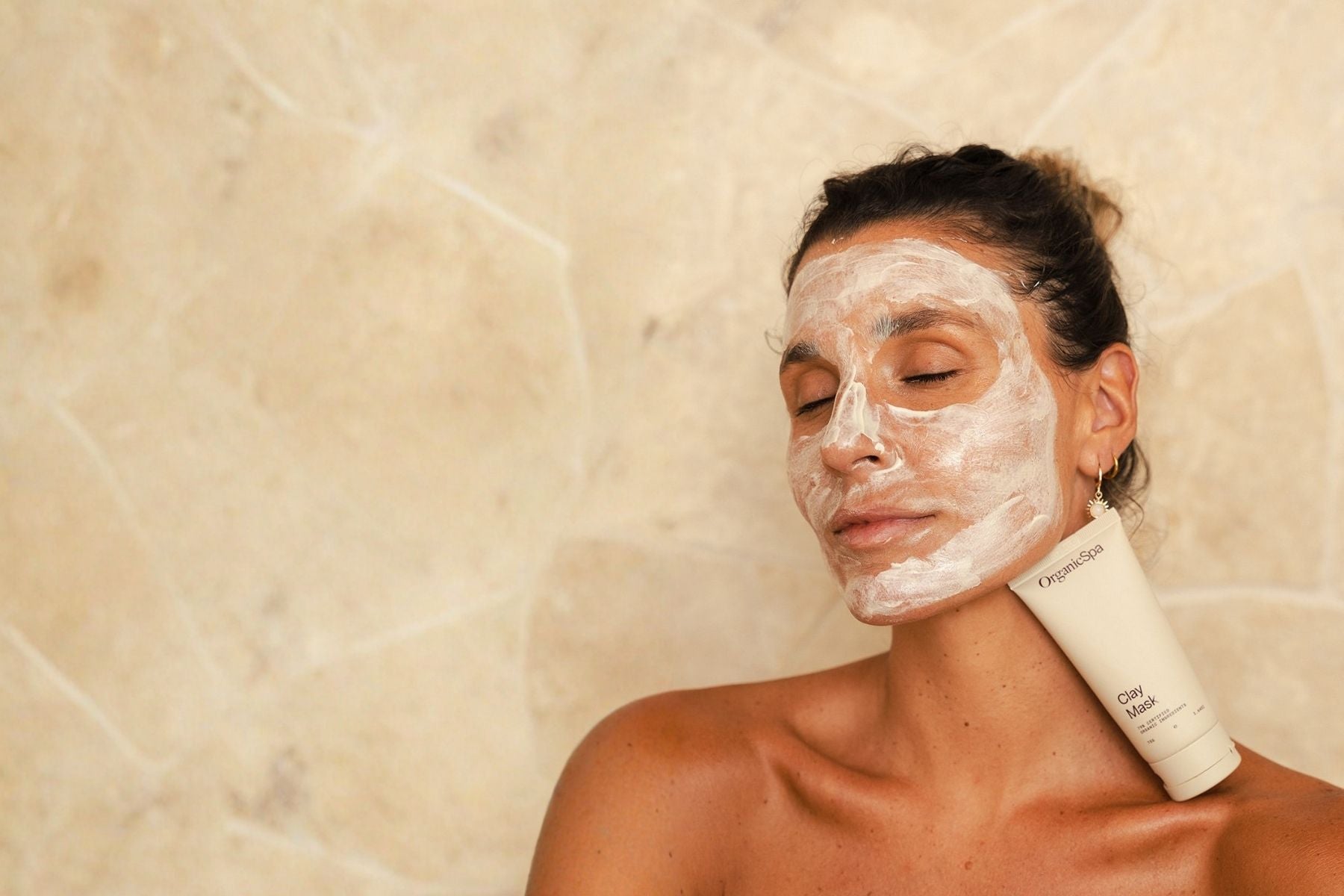 OrganicSpa Clay Mask on model, certified organic face mask skincare