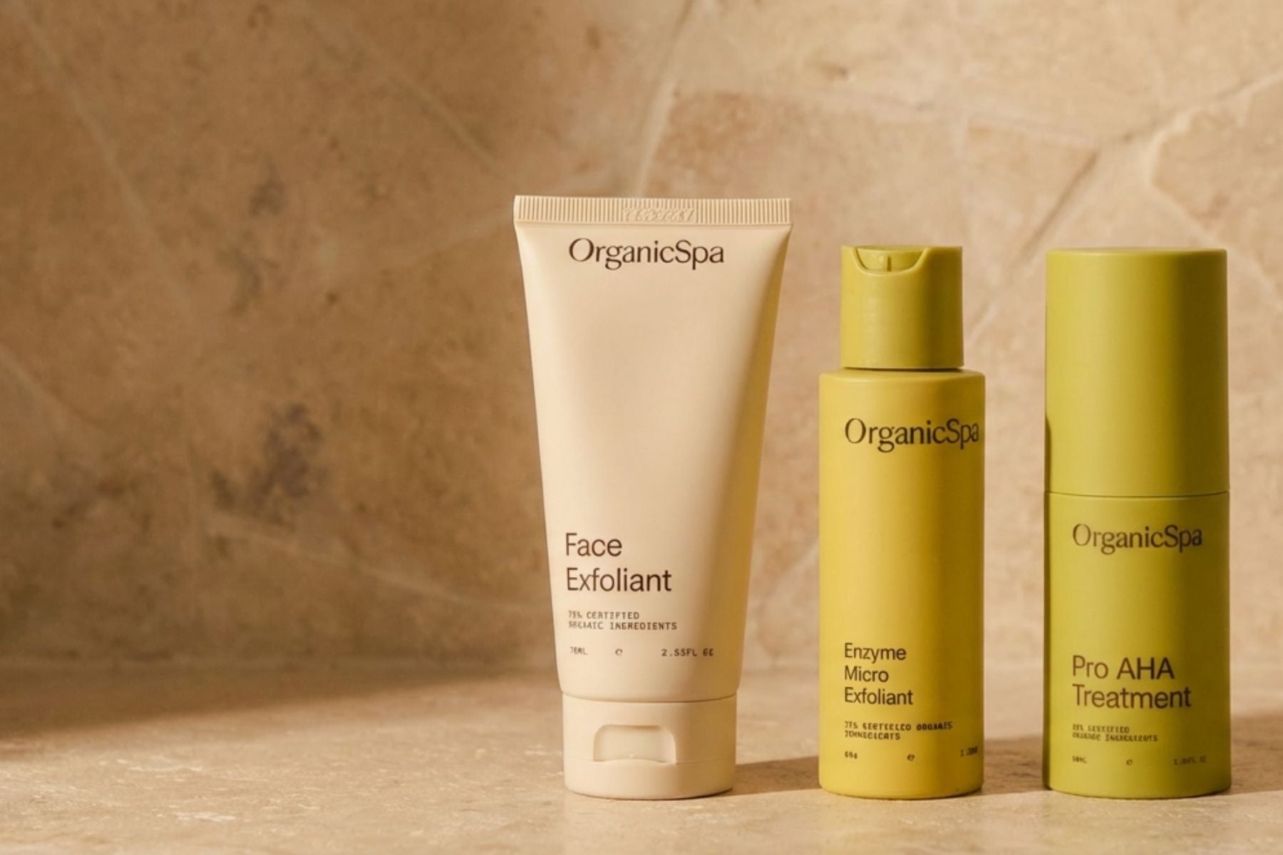 OrganicSpa exfoliant range: Face Exfoliant, Enzyme Micro Exfoliant and Pro AHA Treatment