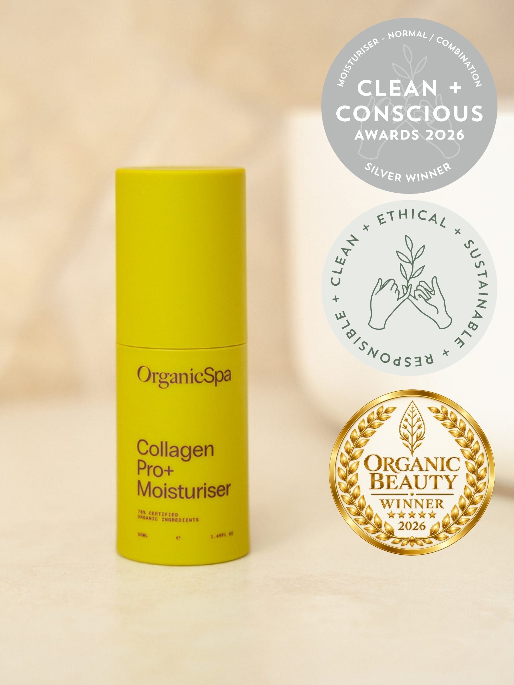 OrganicSpa CollagenPro+ Moisturiser, a chartreuse 50ml bottle marked 78% certified organic ingredients. Three badges beside it: Silver winner in the Moisturiser, Normal/Combination category at the Clean + Conscious Awards 2026, the awards' clean, ethical, sustainable and responsible seal, and Organic Beauty winner 2026.