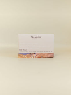 OrganicSpa Rich Rituals packaging, a Certified Organic 4 x 30g skincare set with Cream Cleanser, Moisture Rich, Face Exfoliant and Cream Mask.