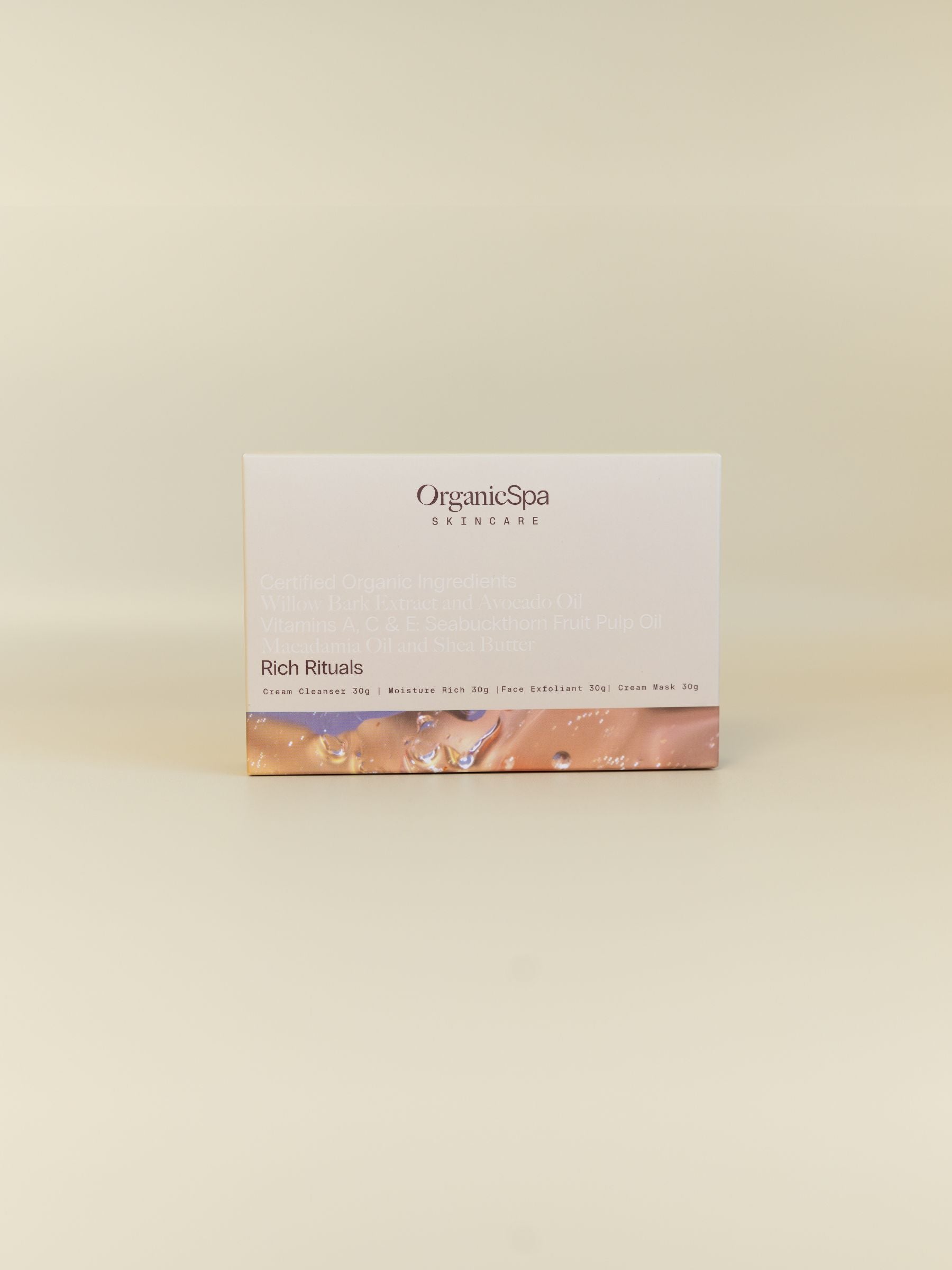 OrganicSpa Rich Rituals packaging, a Certified Organic 4 x 30g skincare set with Cream Cleanser, Moisture Rich, Face Exfoliant and Cream Mask.