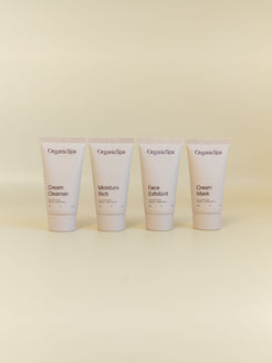 OrganicSpa Rich Rituals skincare set — Cream Cleanser, Moisture Rich, Face Exfoliant and Cream Mask, 30g each, Certified Organic skincare for drier, mature complexions.