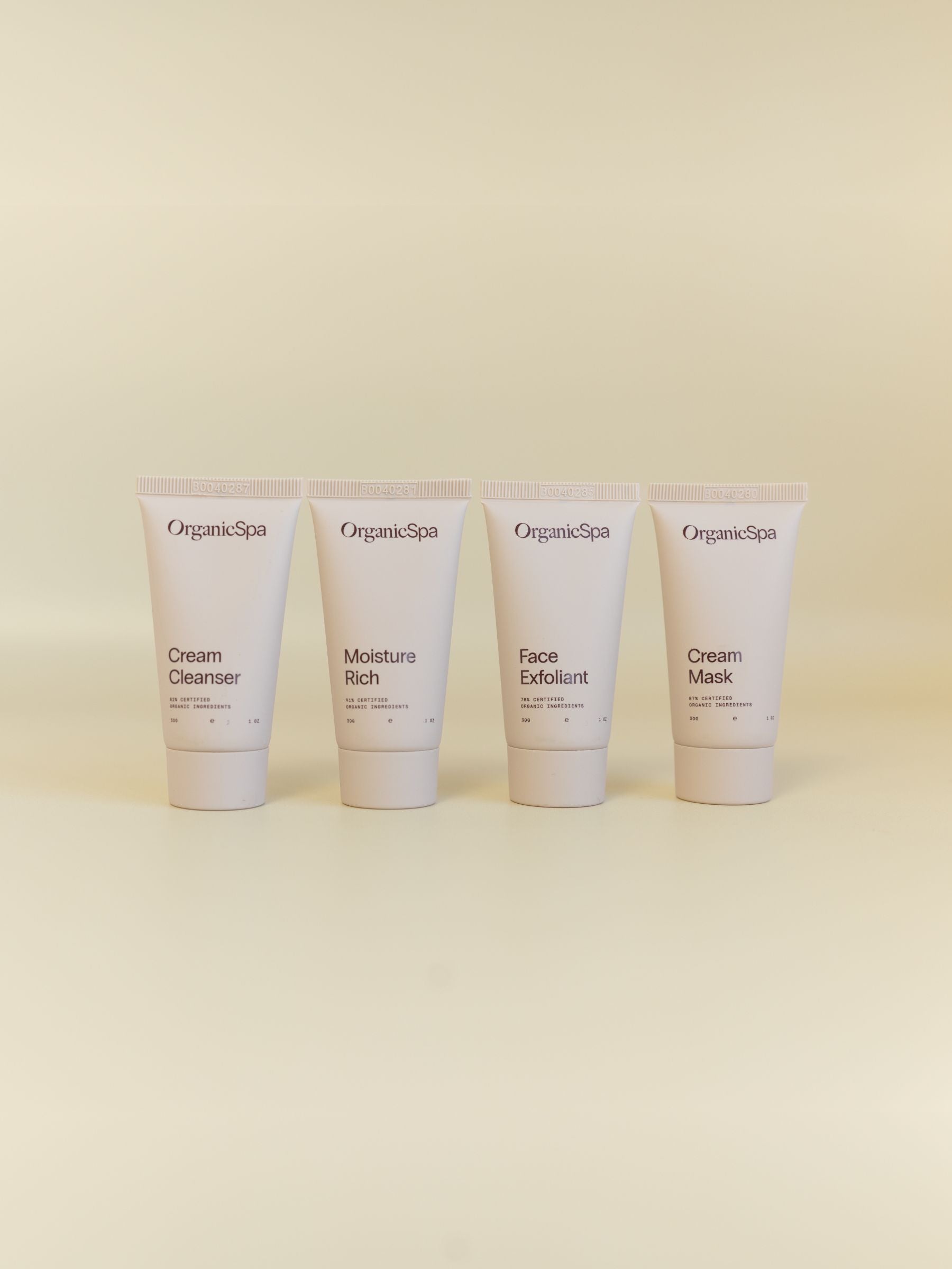 OrganicSpa Rich Rituals skincare set — Cream Cleanser, Moisture Rich, Face Exfoliant and Cream Mask, 30g each, Certified Organic skincare for drier, mature complexions.