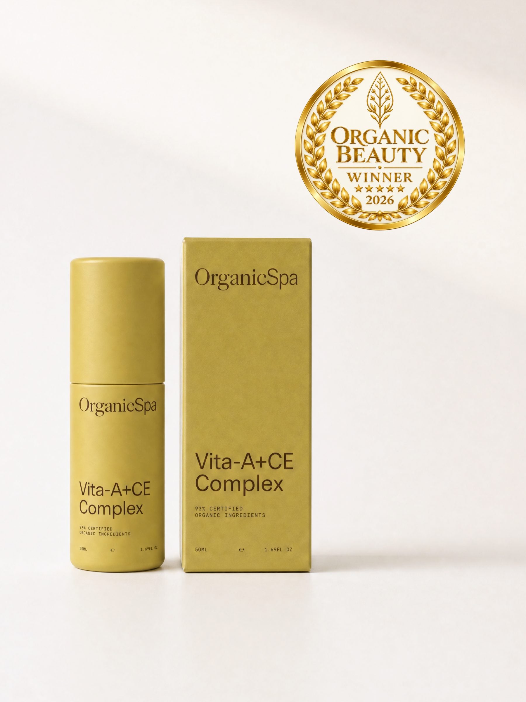 OrganicSpa Vita-A+CE Complex, a chartreuse 50ml bottle standing beside its matching carton, both marked 93% certified organic ingredients. Gold laurel badge beside them: Organic Beauty winner 2026.