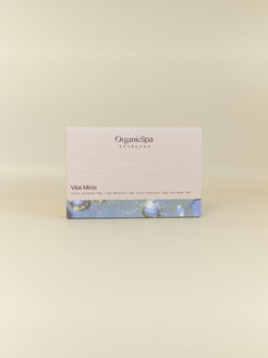 OrganicSpa Vital Minis packaging, a Certified Organic 4 x 30g travel skincare set with Cream Cleanser, Day Moisture, Face Exfoliant and Gel Mask.
