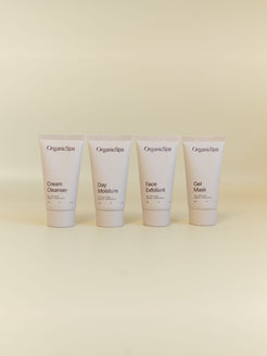 OrganicSpa Vital Minis skincare set — Cream Cleanser, Day Moisture, Face Exfoliant and Gel Mask, 30g each, Certified Organic skincare for normal and combination complexions.