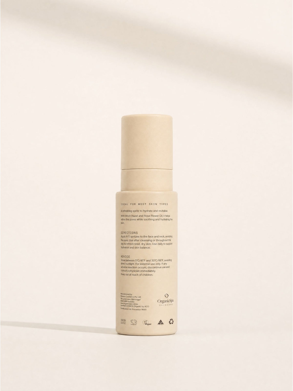 Back label of Organicspa Hydrating Spritz showing certified organic ingredients.