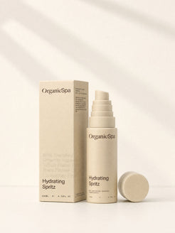 Organicspa Hydrating Spritz bottle and carton, certified organic facial mist.