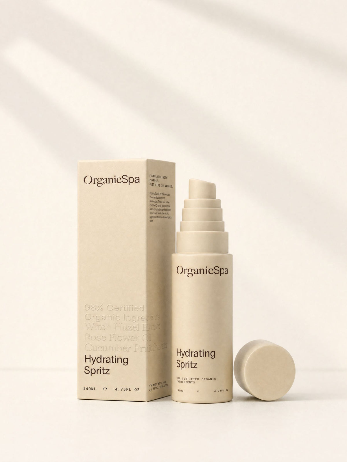 Organicspa Hydrating Spritz bottle and carton, certified organic facial mist.
