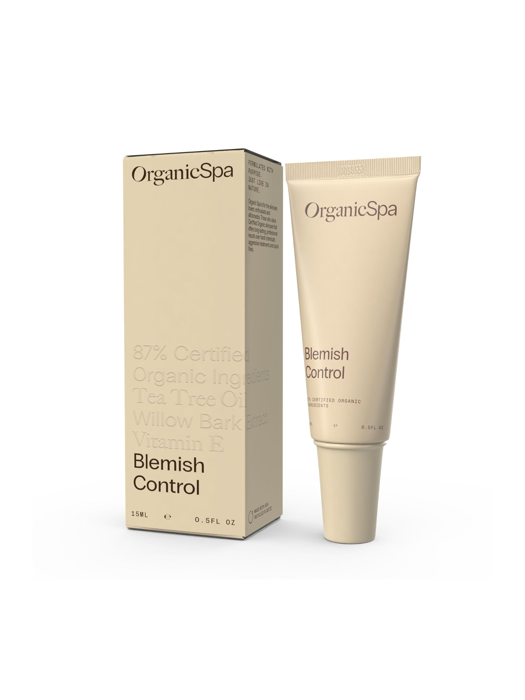 Organicspa Blemish Control tube and carton, certified organic acne treatment lotion.
