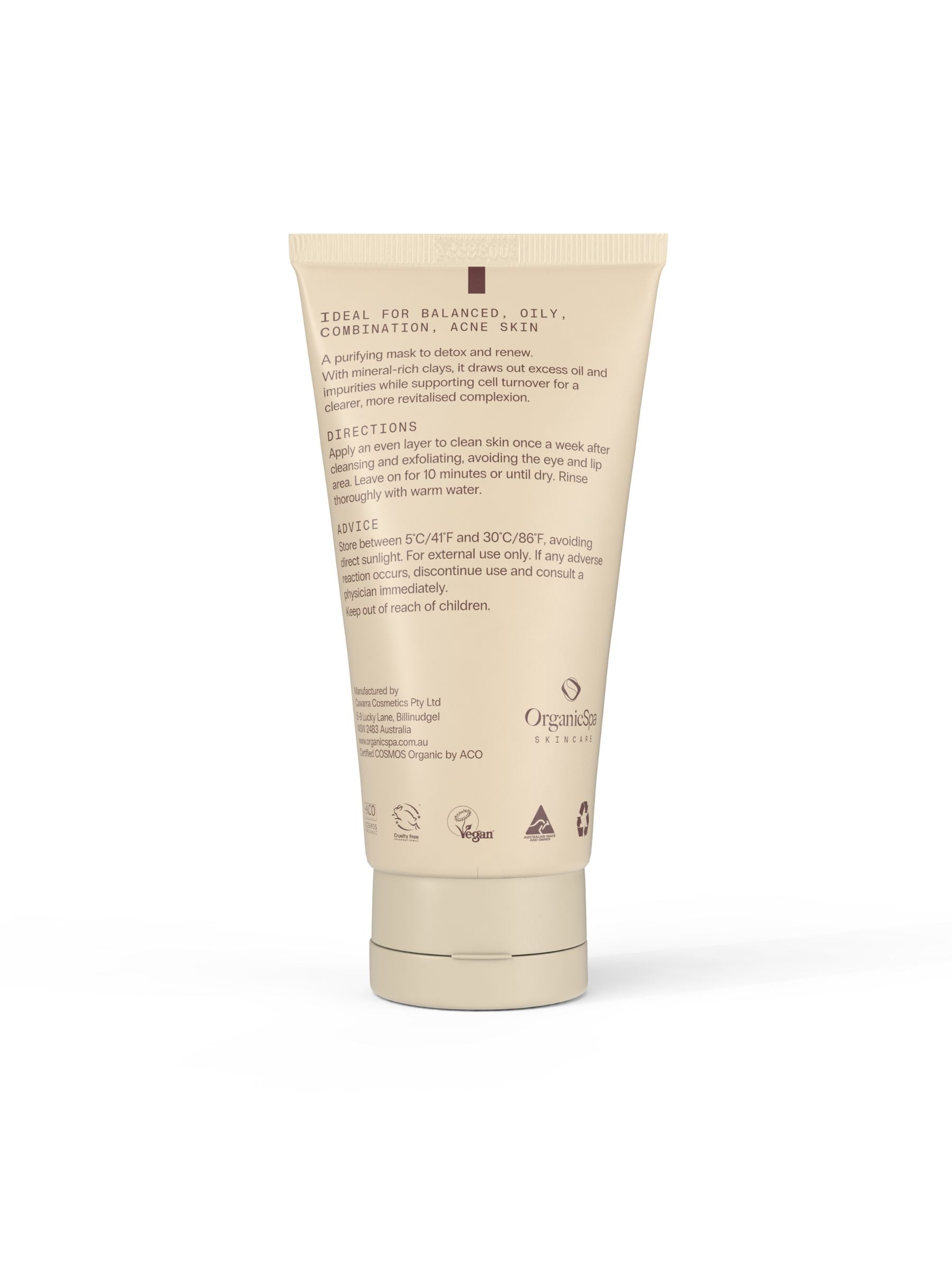 Back label of Organicspa Clay Mask with kaolin, bentonite and green tea ingredients.