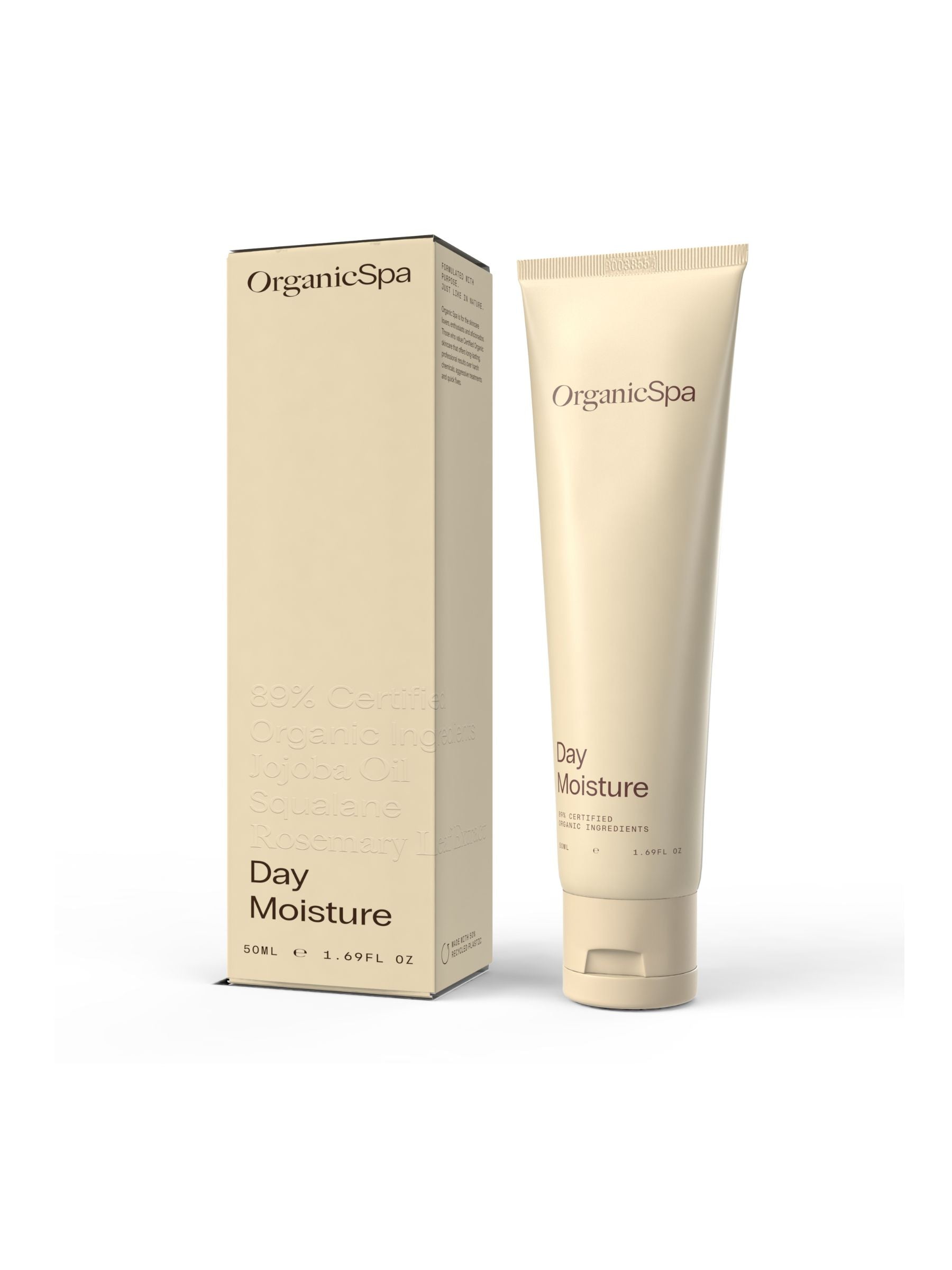 Organicspa Day Moisture tube and carton, certified organic daily face cream.