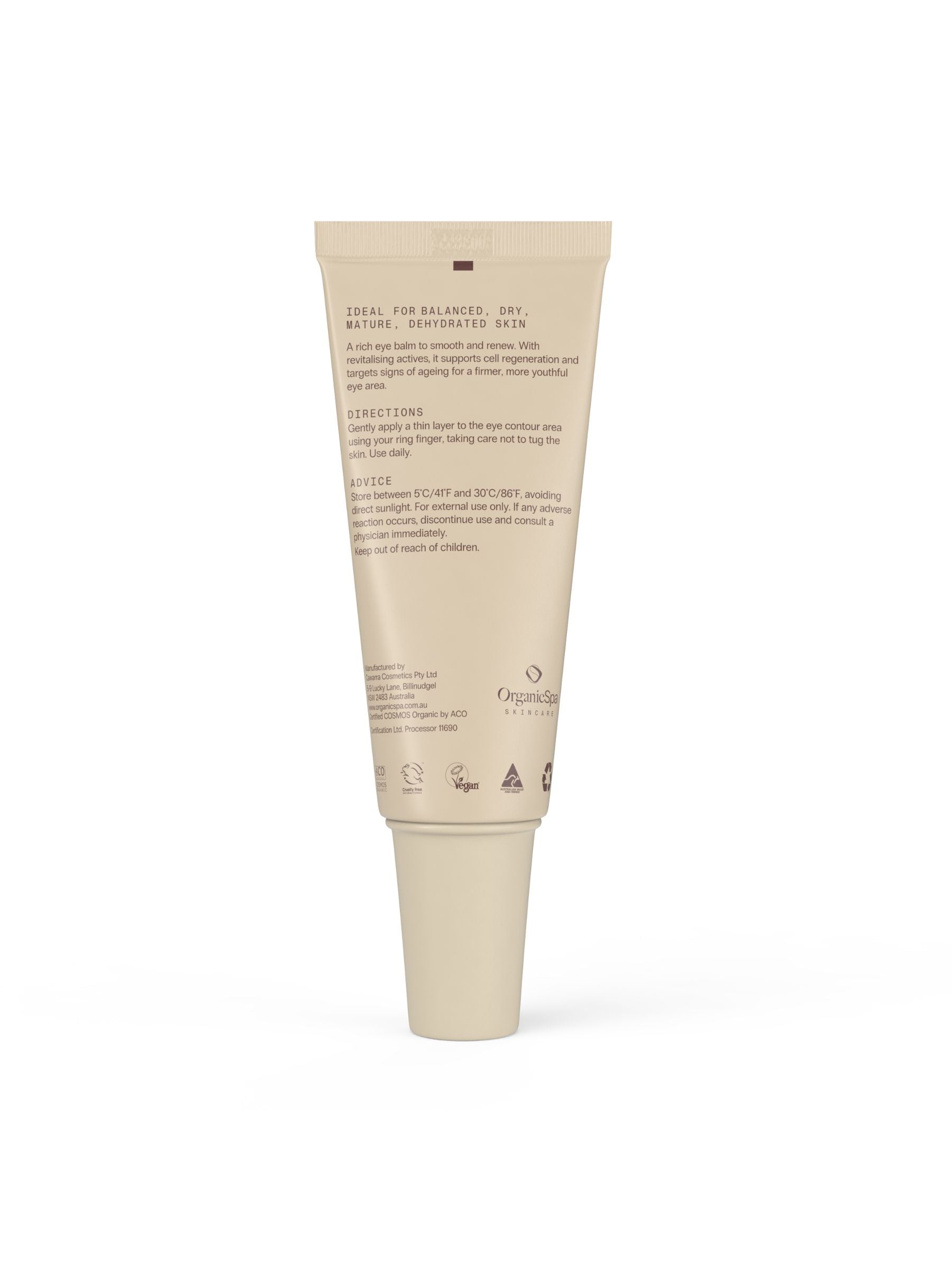 Back label of Organicspa Eye Balm with macadamia oil and squalane ingredients.