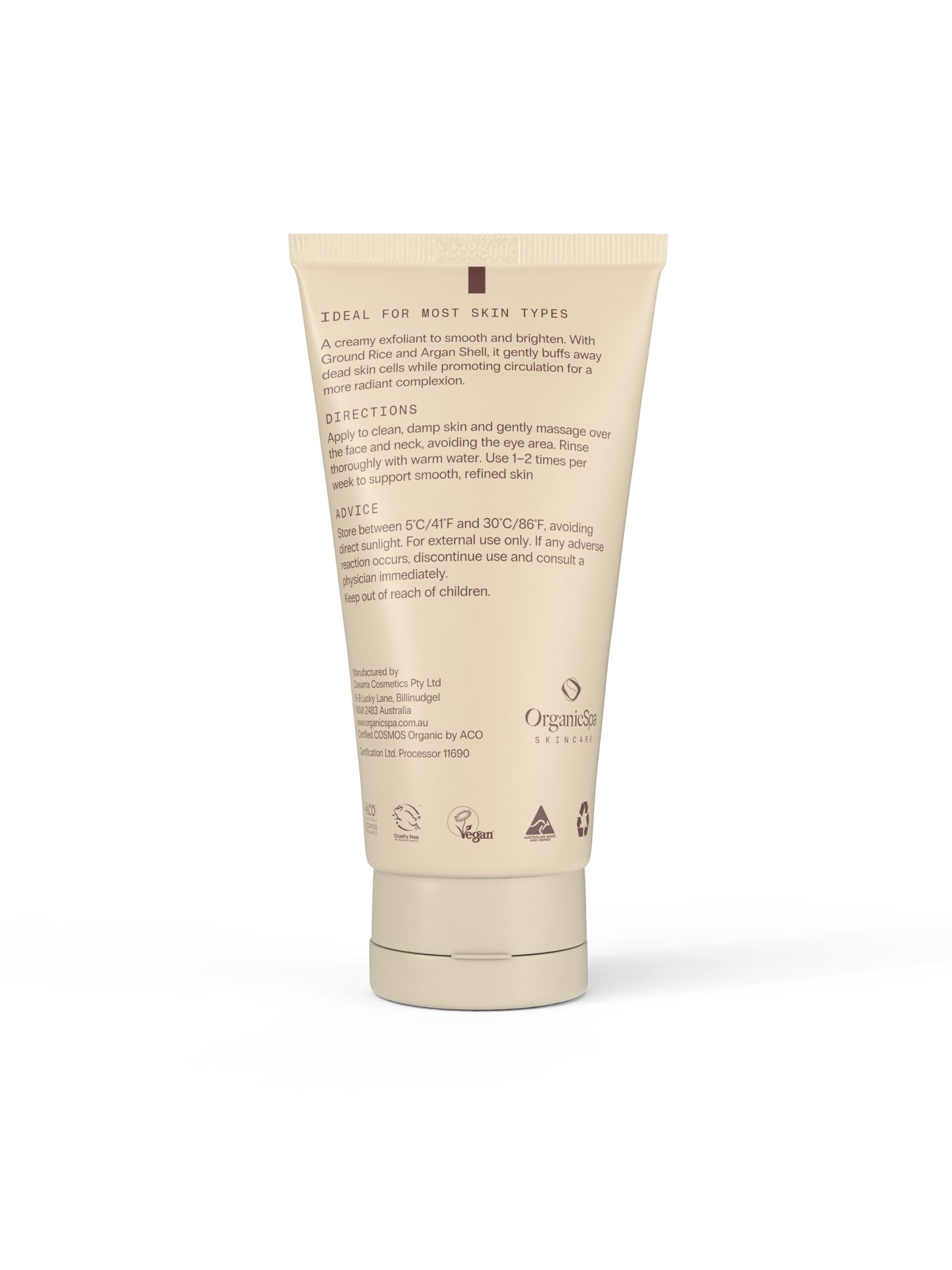 Back label of Organicspa Face Exfoliant with usage and ingredient information.