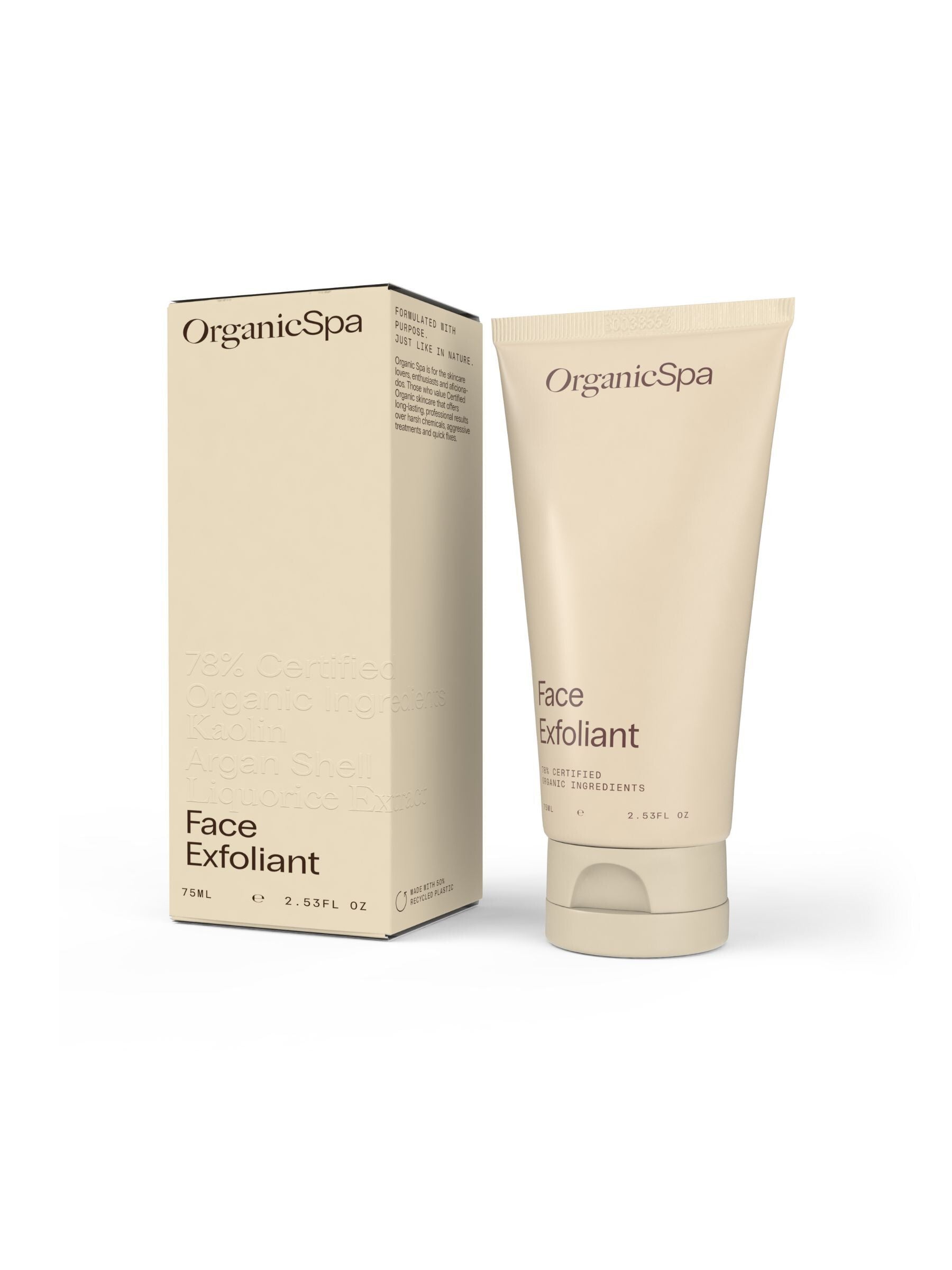 Organicspa Face Exfoliant tube and carton, certified organic gentle face scrub.