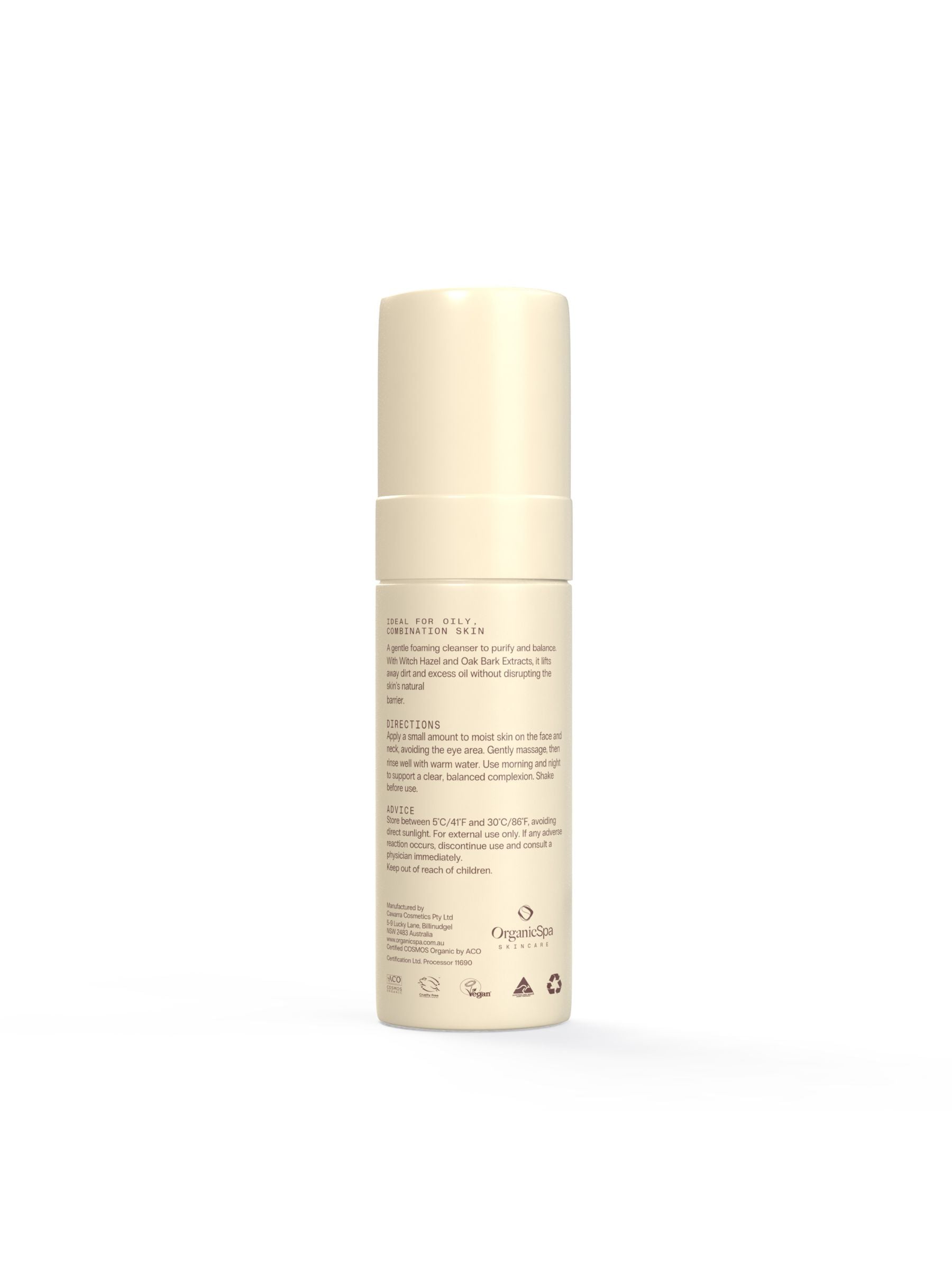Back label of Organicspa Foam Cleanser showing certified organic ingredients and usage directions.