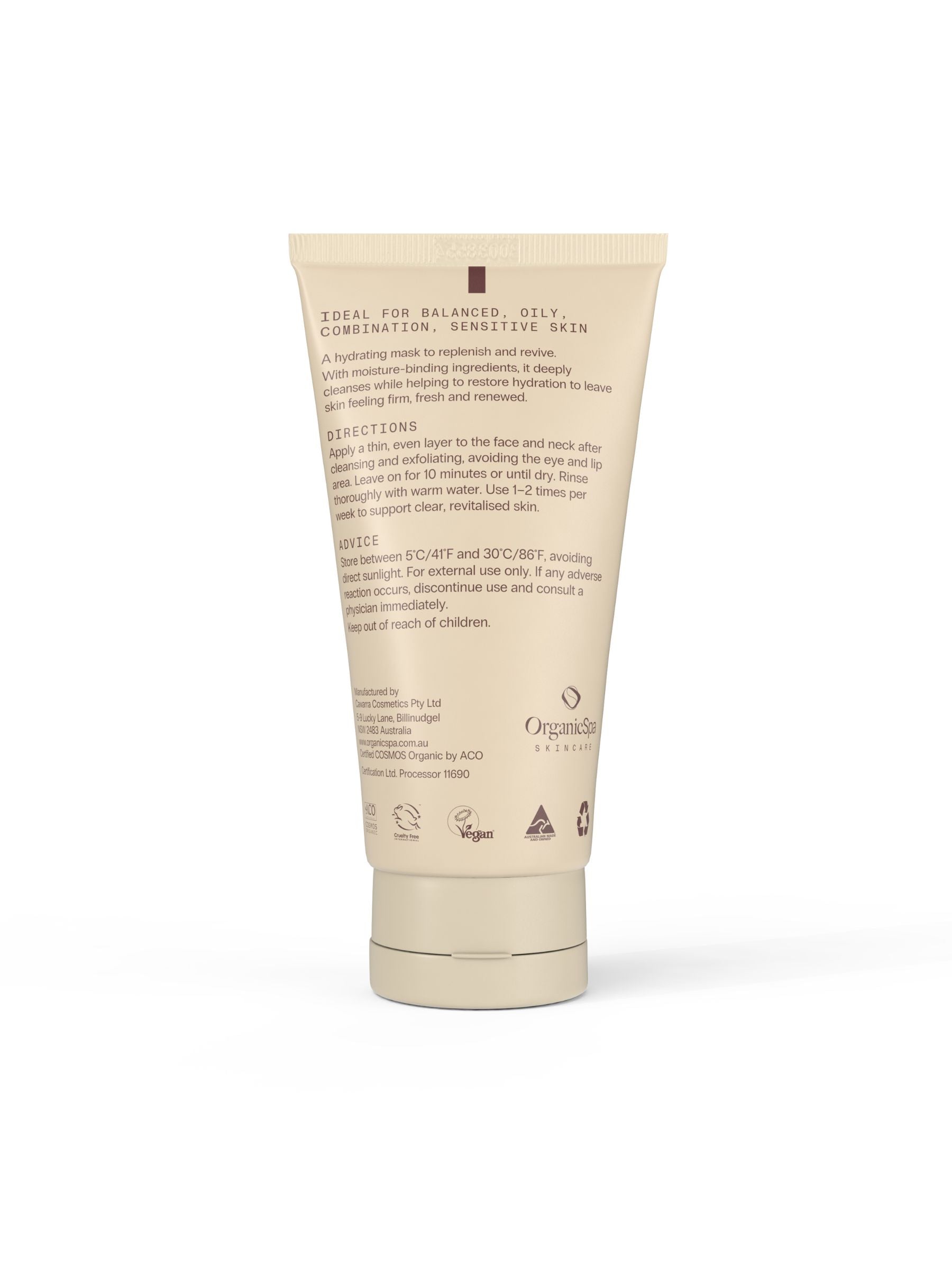 Back label of Organicspa Gel Mask with caviar lime and cucumber extracts.