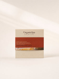 OrganicSpa Hydrate + Replenish Collection in a cream gift box with a rust red band. The band reads Certified Organic Ingredients, Willow Bark Extract and Avocado Oil, Witch Hazel Extract and Rose Flower Oil, Jojoba Oil and Squalane, and lists the contents as Cream Cleanser 200ml, Hydrating Spritz 140ml, Day Moisture 50ml and a bonus travel size 30g.