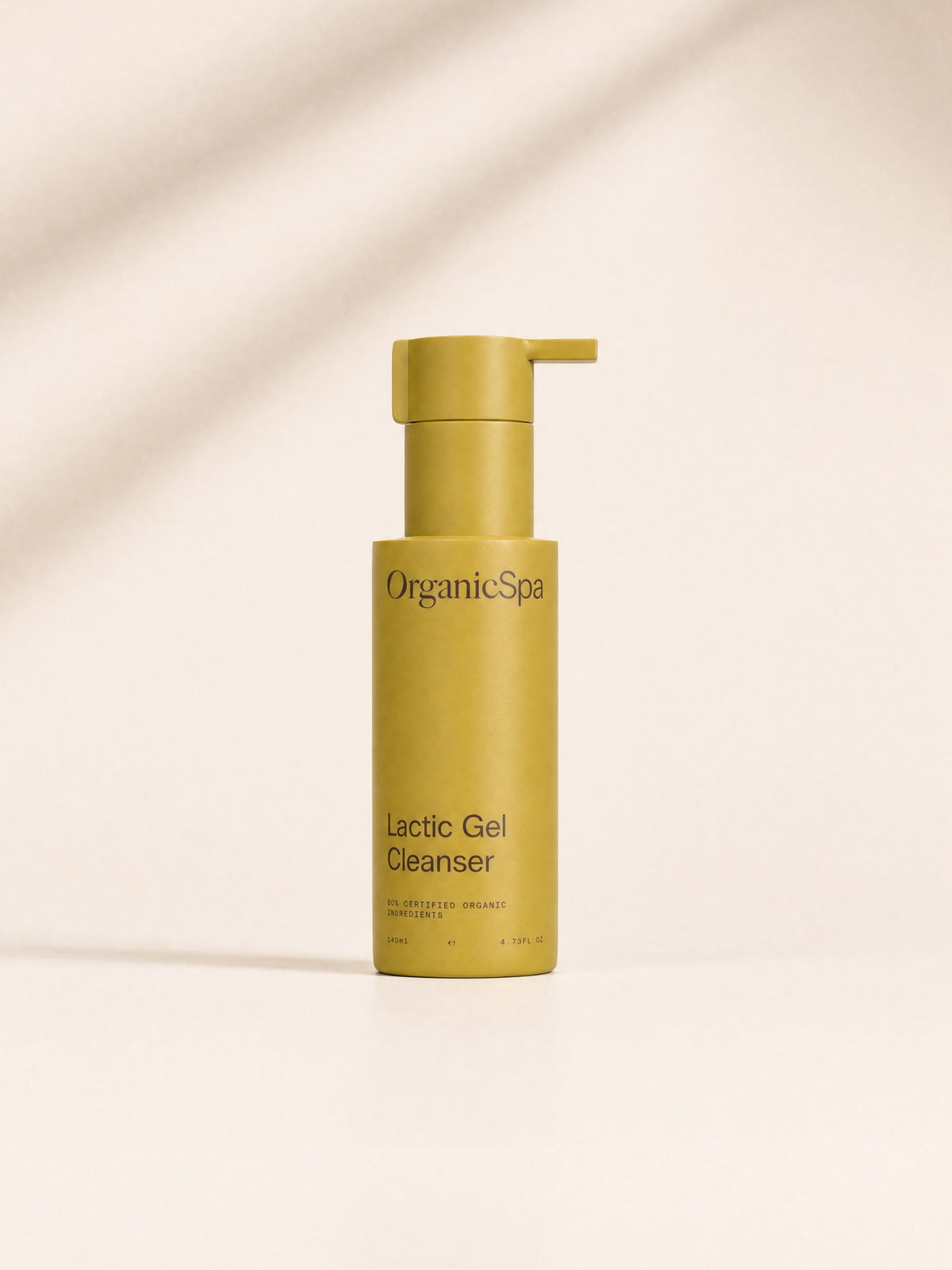 OrganicSpa Lactic Gel Cleanser in a 140ml olive pump bottle, a Certified Organic exfoliating gel cleanser with 3% Lactic Acid.