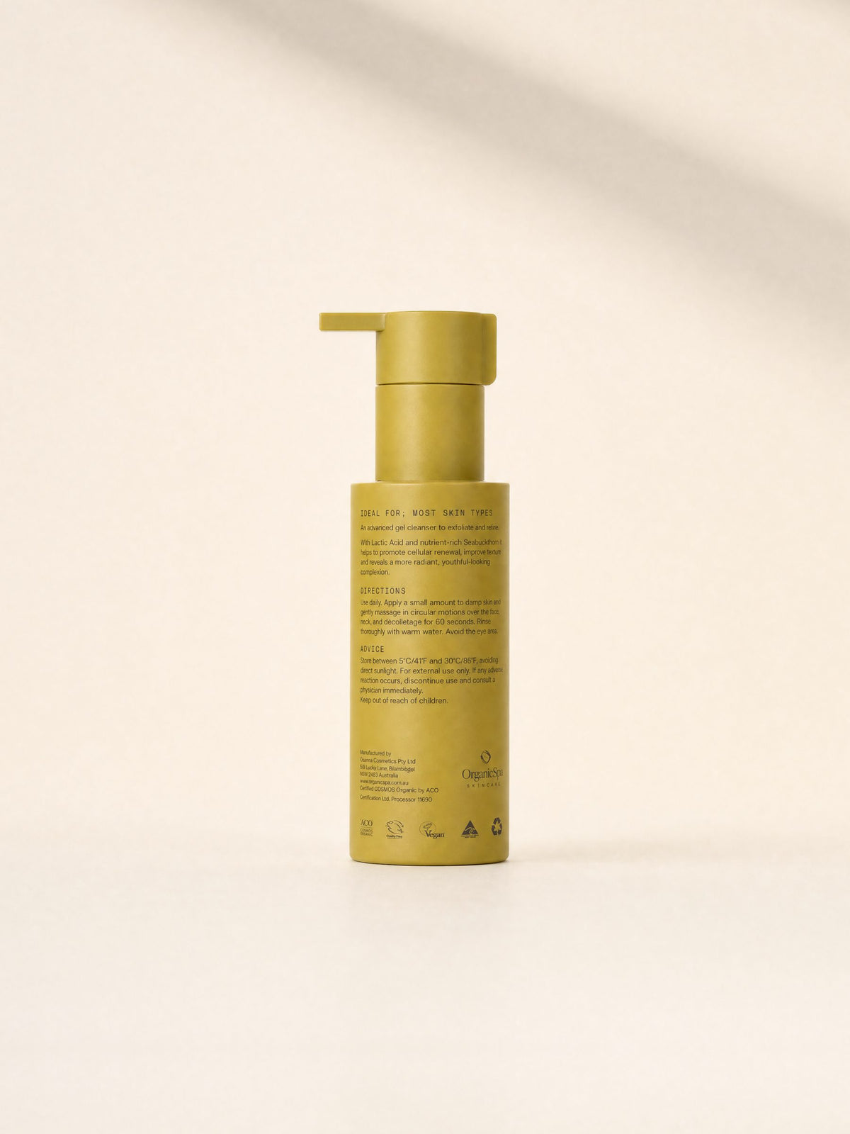 Back of the OrganicSpa Lactic Gel Cleanser bottle showing directions, storage advice and the ACO COSMOS Organic, Vegan, Cruelty Free, Australian Made and recyclable symbols.