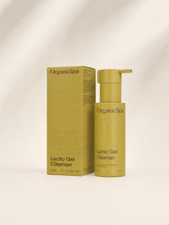 OrganicSpa Lactic Gel Cleanser bottle beside its recyclable carton, made in Australia with 80% Certified Organic ingredients.