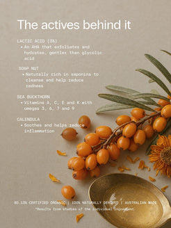 Sea buckthorn berries and calendula flowers beside a spoon of gel cleanser, the actives in OrganicSpa Lactic Gel Cleanser.