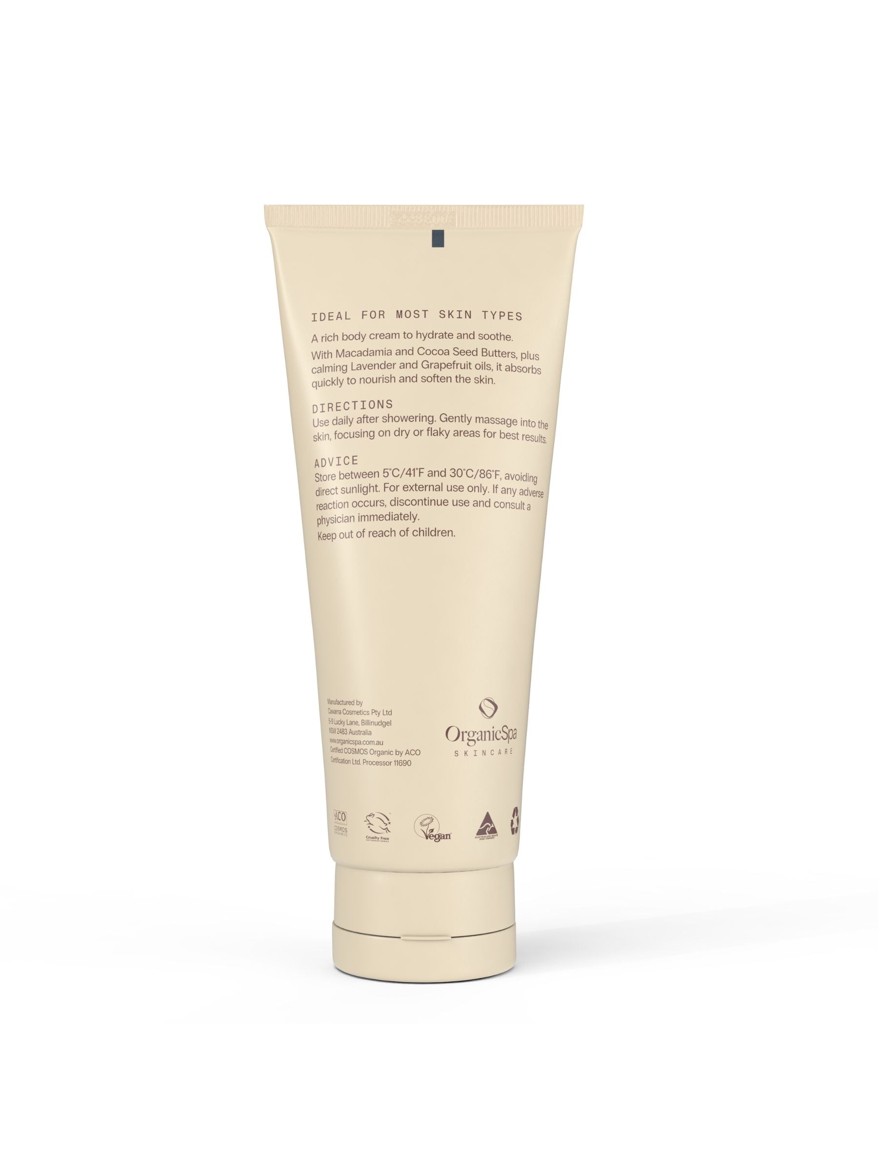 Back label of Organicspa Luxe Body Cream showing macadamia and cocoa butter ingredients.