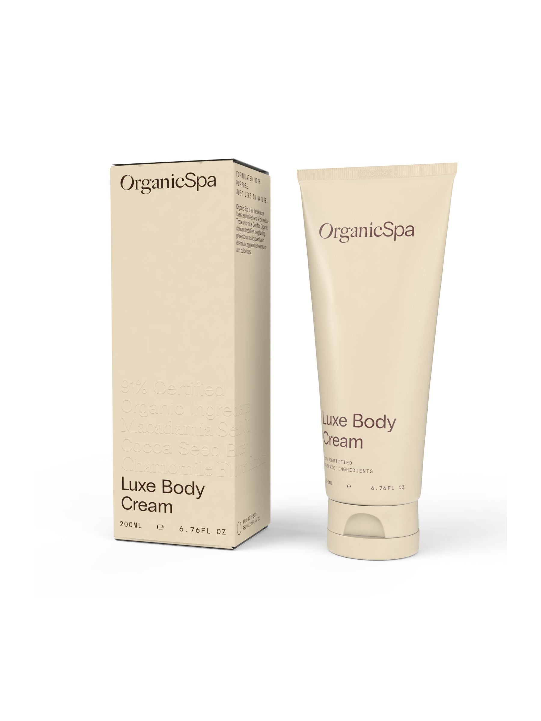 Organicspa Luxe Body Cream tube/jar and carton, certified organic vegan body moisturiser.