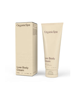Organicspa Luxe Body Cream tube/jar and carton, certified organic vegan body moisturiser.