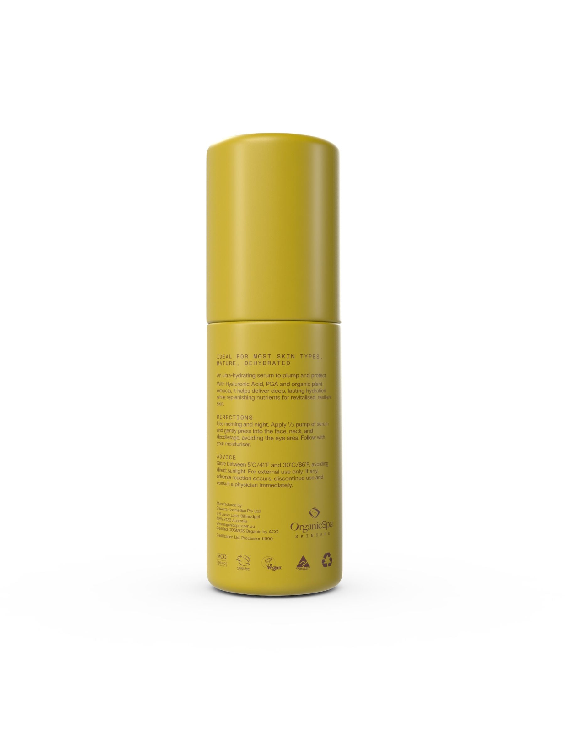 Back label of Biohydra+ Serum with hyaluronic acid, PGA and native berry complex.