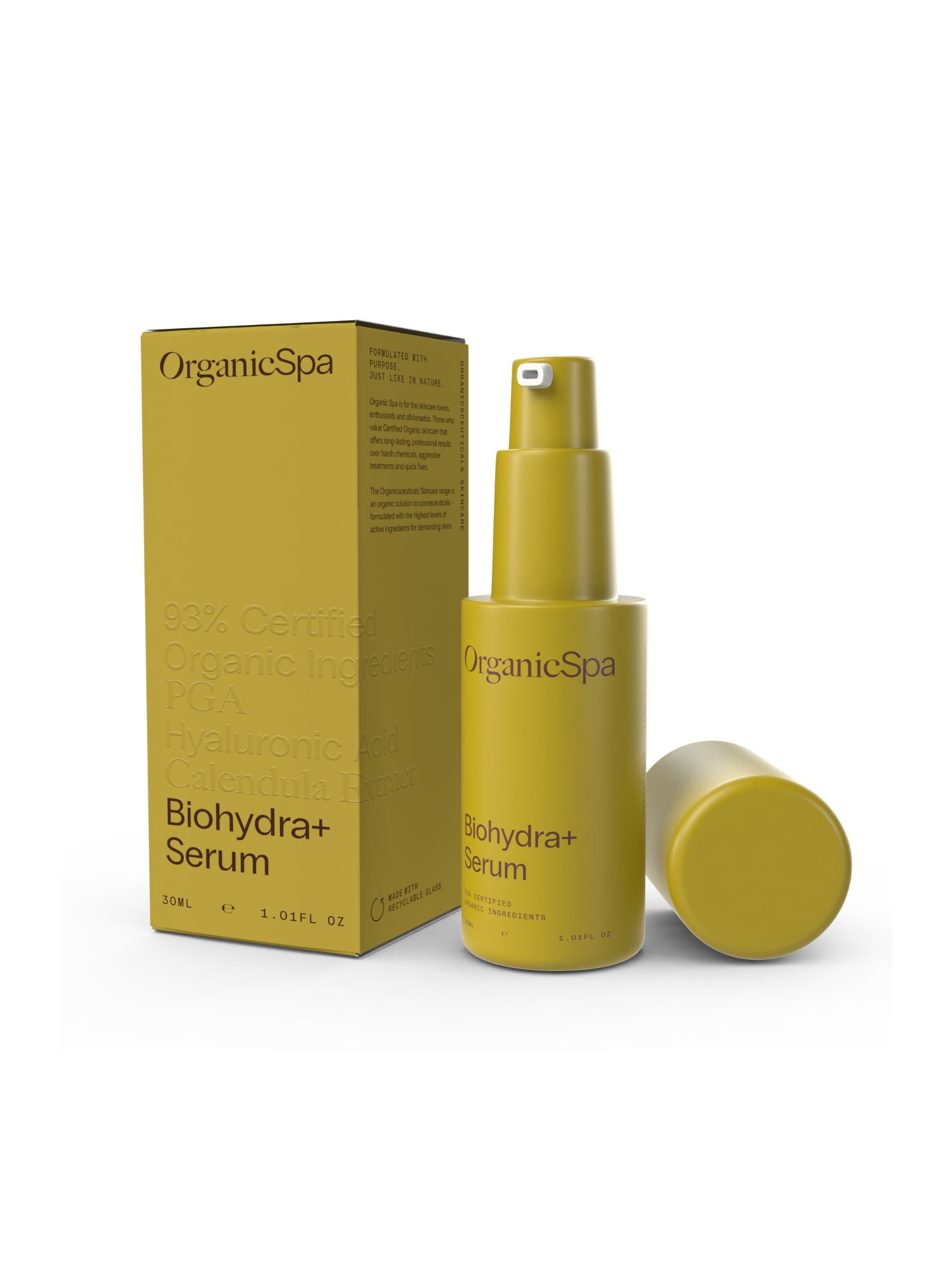 Biohydra+ Serum bottle and carton, certified organic intensive hydrating serum.