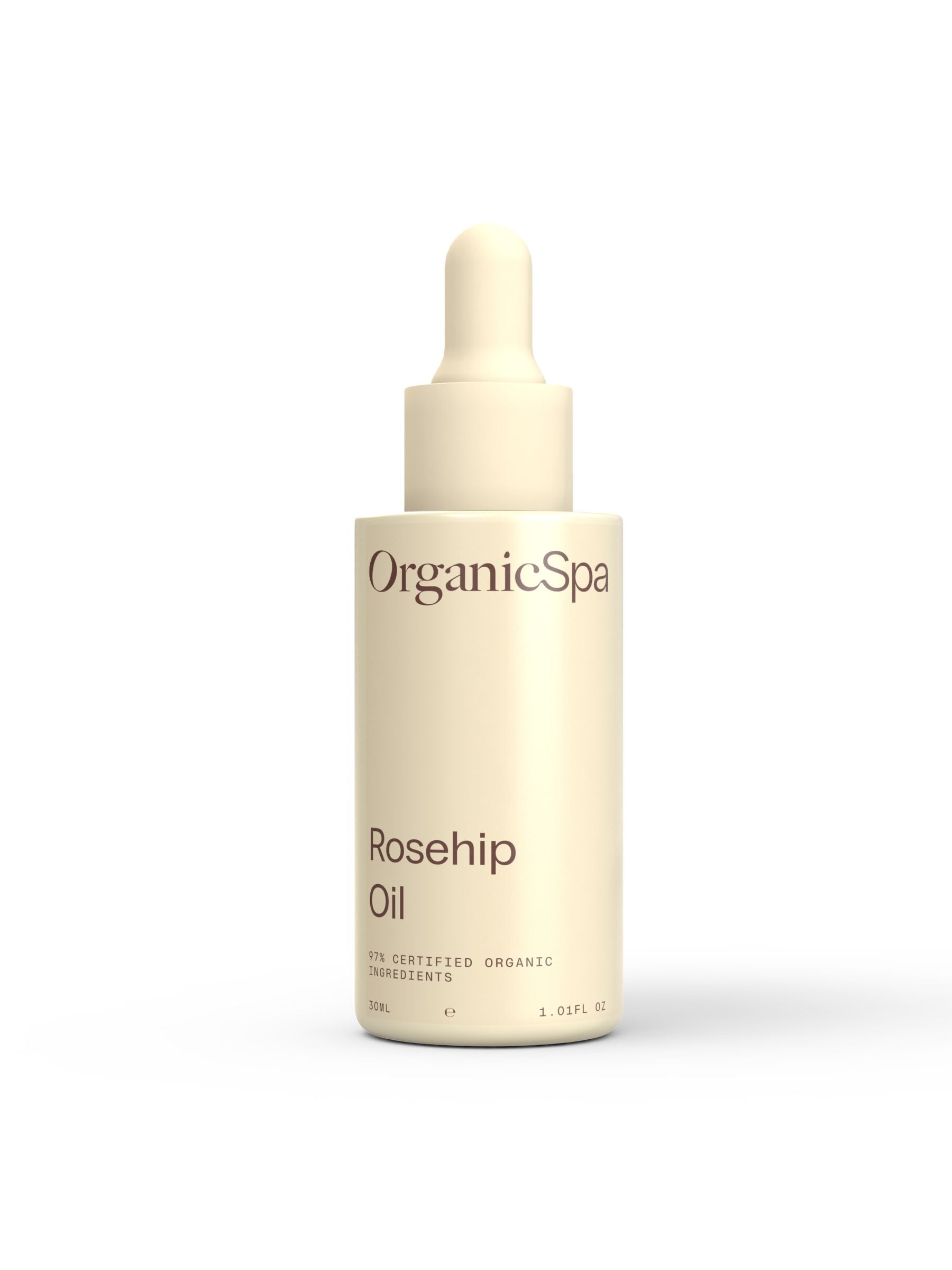 Organicspa Rosehip Oil front pack, certified organic facial oil rich in vitamins A and C.