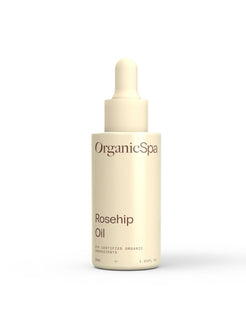 Organicspa Rosehip Oil front pack, certified organic facial oil rich in vitamins A and C.