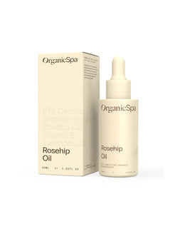 Organicspa Rosehip Oil dropper bottle and carton, certified organic face oil.