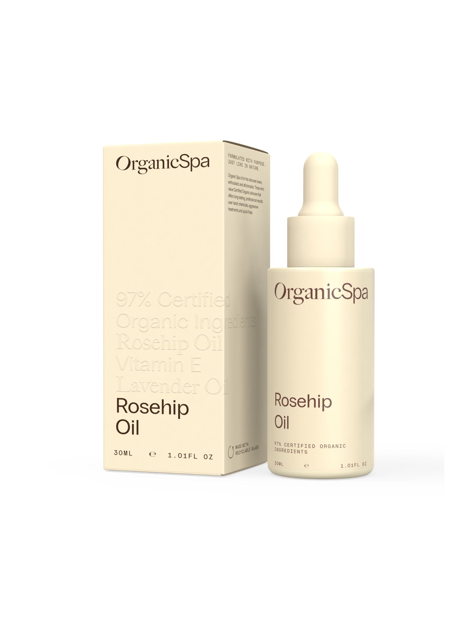 Organicspa Rosehip Oil dropper bottle and carton, certified organic face oil.
