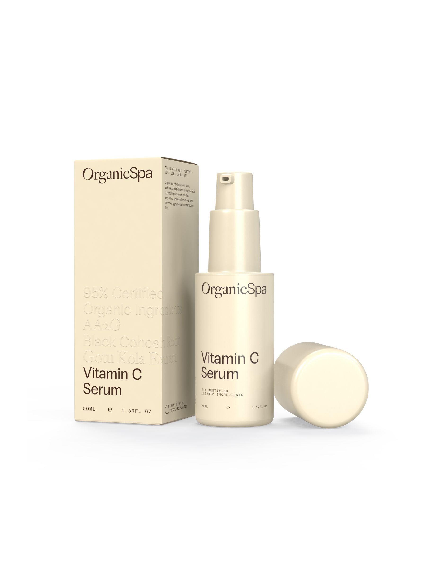 Organicspa Vitamin C Serum bottle and carton, certified organic vitamin C treatment.