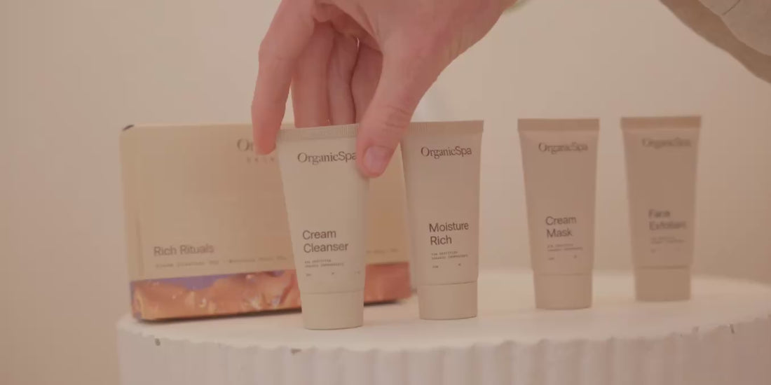 Animated banner for OrganicSpa's Rich Rituals mini set. OrganicSpa skincare products are shown against a warm, neutral background, with text introducing the Rich Rituals gift-with-purchase offer. Certified Organic skincare.